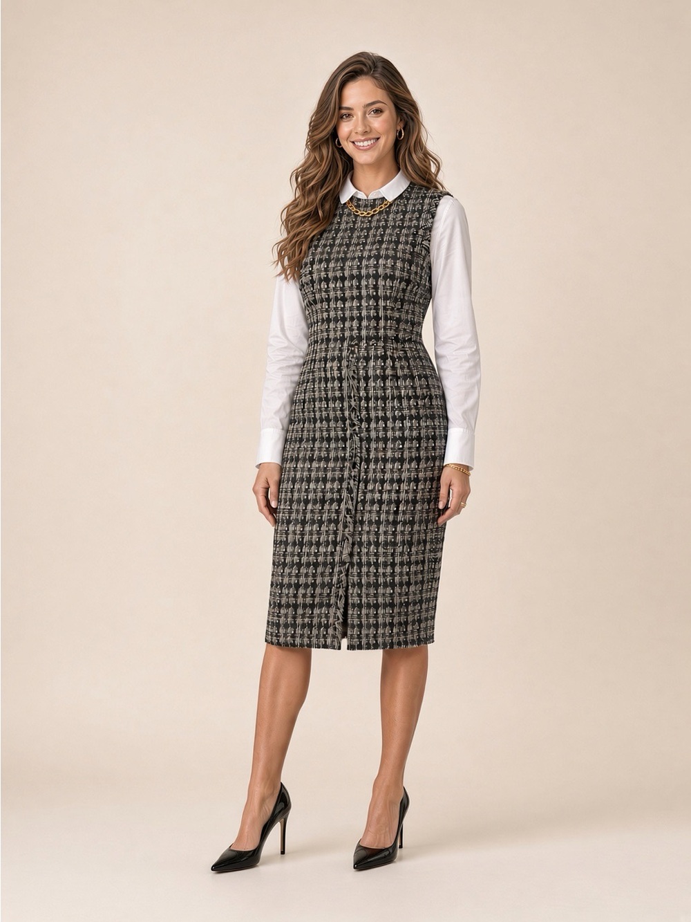 Donna Karen Sleeveless Black & White Tweed Sheath Dress